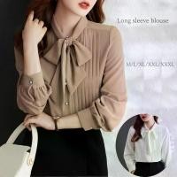 ราคา เสื้อเชิ้ตผู้หญิง คอตั้ง ผูกเชือก แขนยาว เสื้อสวมหัวจีบ สีพื้น ทรงหลวม วัสดุชีฟอง (1731659412621527493)