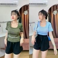 ราคา เสื้อมินิครอป เสื้อผ้าไหมพรม เสื้อสวยเก๋ เสื้อน่ารัก เสื้อเทรนด์วัยรุ่น เสื้อทรงคอเหลี่ยมแขนสั้น เสื้อแต่งทอลายเส้นคาด โยเกริต์ (1729618310299617606)