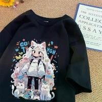 ราคา เสื้อยืดผู้หญิง BasiWomen's โอเวอร์ไซส์ คอกลม แขนสั้น ลาย "เด็กผู้หญิงและแมว" การ์ตูนแมวเด็กน่ารัก ทำจากผ้าฝ้าย 100% ใส่สบาย สไตล์เกาหลี (1731040813521340830)
