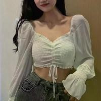 ราคา เสื้อครอปสม็อคสำหรับผู้หญิง แขนยาวพัฟ ปาดไหล่ สีพื้น เสื้อสายเดี่ยว (1731259547486291310)