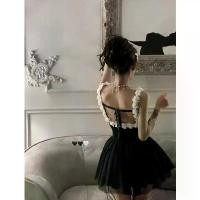 ราคา เดรสสายเดี่ยวสีดำ สำหรับผู้หญิง หน้าร้อน คอเหลี่ยม ความรู้สึกระดับสูง แฟชั่น สไตล์บัลเล่ต์ สายเอี๊ยม กระโปรงสั้น ชุดบอล (1731266315237821241)