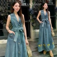 ราคา S-2XL Dress ยีนส์ยาวคอปก แขนกุด ปักลายดอกไม้สีเหลืองแน่นๆ +ผ้าผูกโบว์ ชุดทำงานผู้หญิง ชุดไปทะเล ชุดยีนส์ เดรสงานปัก เดรสยาว prd (1731701003895670302)