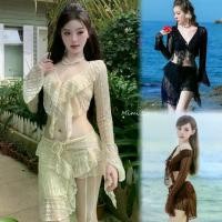 ราคา ชุดว่ายน้ำผู้หญิง ชุดว่ายน้ำ 3 ชิ้น บิกินี่ บรา เสื้อคลุม และกระโปรงแต่งระบาย มี 3 สี ขาว ดำ น้ำตาล (1729941316938008597)