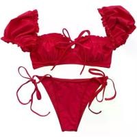 ราคา ชุดว่ายน้ำผู้หญิง แขนสั้นพัฟ แต่งระบาย ผูกหน้า ชุดว่ายน้ำ สายผูกข้างเซ็กซี่ ชุดคลุมตาข่าย กระโปรงคลุมด้วยผ้า เหมาะสำหรับอาบน้ำ (1731138786244856150)