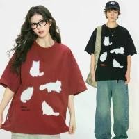 ราคา เสื้อยืดคอกลม-แขนสั้น เสื้อคู่ ยืดคู่ oversize t shirt พิมพ์ลายแมว เสื้อแฟชั่น ลายน่ารักๆ สีพื้น สีขาว-สีดำ COD (1731952885279131066)