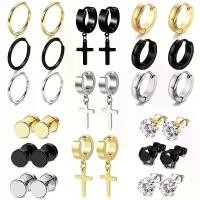 ราคา ต่างหูสแตนเลส ขายร้อน 15 คู่ จี้ไม้กางเขน ต่างหูห่วง คลิปหนีบหู ชุดรวมขดลวด ear jewelry (1731773391705376463)