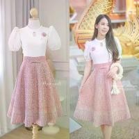 ราคา [DR-1534] ชุดเดรสผ้าไทยสวยหรูคอจีนหยดน้ำ กระโปรงทอลาย (1730998696656668888)