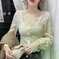 ราคา เสื้อชีฟอง ดีไซน์เรียบหรู สำหรับผู้หญิง เสื้อผ้าฤดูใบไม้ร่วง แขนพัฟ คอวี สไตล์สังคม แขนยาว กลวงออก สไตล์ฝรั่งเศส Clothing Women (1731458293393361620)