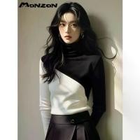 ราคา เสื้อยืดแขนยาว สไตล์ชาแนล สีดำและสีขาว สีตัดกัน เหมาะสำหรับฤดูใบไม้ร่วงและฤดูหนาว สไตล์ตะวันตกขั้นสูง สันทนาการ เสื้อยืดคอเต่าผู้หญิง เสื้อชั้นฐานสำหรับผู้หญิง Clothing Women Tshirt (17313877198733006