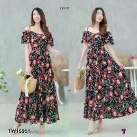 ราคา Garden Clothes ชุดเดรส แม็กซี่เดรสสายเดี่ยวเว้าไหล่ลายดอกไม้ผูกเอว (1732225631362255551)
