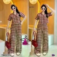 ราคา Garden Clothes ชุดเซ็ท SET ลายสก็อต 3 ชิ้น เสื้อครอป +กางเกงขายาว +สายผูกโบว์ สีแดง (1732218729413577407)