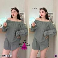 ราคา Garden Clothes ชุดเซ็ท SET เสื้อเปิดไหล่แขนระบาย+กางเกงบาบี้ขาสั้น 13733 สีเทา (1732218726531435199)