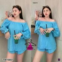 ราคา Garden Clothes ชุดเซ็ท SET เสื้อเปิดไหล่แขนระบาย+กางเกงบาบี้ขาสั้น 13733 สีฟ้า (1732218726011472575)