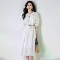 ราคา 25 Summer 100% Combed Cotton Hollow Embroidered Bohemian Vacation Style Loose Swing Dress 25052 (1731773438112662842)