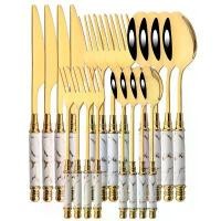 ราคา COD Mirror Ceramic Handle Tableware Set White Gold Flatware Fork Spoon Knife Set Stainless Steel Dinnerware Cutlery Set Dinn (1731757063999882349)