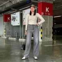ราคา ยีนส์ Sheer J006 กางเกงยีนส์ทรงกระบอกใหญ่ สีเทา Gray เอวสูงปรี๊ด ผ้าไม่ยืด (1731354479399831530)