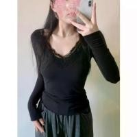 ราคา [Sheing office]พร้อมส่งเสื้อลูกไม้แขนยาวผู้หญิงแปรงเย็บปะติดปะต่อกันลูกไม้ยืดเสื้อคอวี (1731465862938264769)