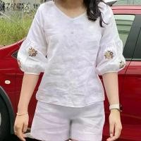 ราคา HijabFab ZANZEA Womens Cotton Linen Sets Lantern Sleeve Embroidery Top Shirt Elastic Waist Short Pants Suit #8 (1732077507133080741)