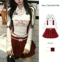 ราคา ส่งไวจากไทย เสื้อยืดคอปกลูกไม้พิมพ์ลายโบว์แขนยาว กระโปรงสั้นฟูฟ่อง ชุดกระโปรงเสื้อยืดเซ็กซี่ PEN สินค้าดี (1731915279372945174)