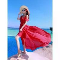 ราคา ชุดชายหาดสำหรับผู้หญิง, สีแดง, เดรสสายเดี่ยวผ้าชีฟองมีนัวเนีย, เดรสยาวกระชับสัดส่วน, ผ่าข้าง, เหมาะสำหรับผู้หญิงร่างเล็ก, [COD] black dress korean style (1732068694650685116)