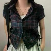 ราคา Korean Style Plaid Short Sleeve Single-Breasted Women's Shirt with Pleated Hem and Drawstring Design, Versatile and Youthful Blouse for Women (1732094409244378433)