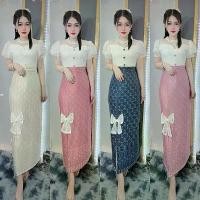 ราคา ชุดเดรสผ้าไทยประยุกต์กระโปรงแต่งโบว์ งานบุญ งานบวช งานแต่ง ไส่ทำงานได้ครบ, Clothing, Women Dress (1731777408142379169)