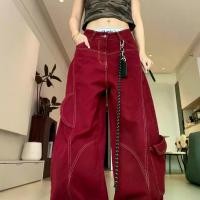 ราคา กางเกงยีนส์สไตล์อเมริกันฤดูใบไม้ผลิฤดูร้อน, Unisex, สีแดง, ดีไซน์เย็บ Deconstructed, ทรงหลวม, ขากว้าง, กางเกงคาร์โก้, สำหรับผู้หญิง นิยม ยีน ลด ตัว ละ 250 hara กางเกงยีนส์ ขาส (1731545405534209198)