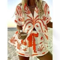 ราคา เสื้อแขนสั้นและกางเกงขาสั้นพร้อมรายละเอียดผูกเอว, วัสดุโพลีเอสเตอร์น้ำหนักเบา, ชุดฤดูร้อนสีสันสดใส, เสื้อผ้าพักผ่อน, เสื้อพิมพ์ลายดอกไม้, เนื้อผ้าแบบทอ, [COD] เซ็ท ขายาว สวยๆ ส (1731923063114139196)