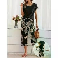 ราคา ชุดกางเกงลำลองพิมพ์ลายใบไม้อินโดนีเซีย, เสื้อยืดวันหยุดฤดูร้อนคอกลมแขนสั้น, ชุดกางเกงพิมพ์ลายทรอปิคอล, ชุดหลวมสีดำ, [COD] สงกรานต์ ชุด เสื้อ พลีท เดรส อัด พลีท ชุด จั๊ม สูท (1732005353405187588)