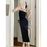 ราคา ชุดราตรีผ้าซาติน ริบบิ้นมินิมอล สายสลิม สีดำ Ff394 (1729718254174243122)