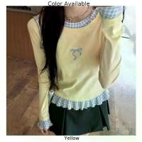 ราคา เสื้อยืด ลายสก็อต แขนยาว สำหรับผู้หญิง สีเหลือง ดีไซน์สองชิ้นปลอม สไตล์หวาน พร้อมลูกไม้ (1731506866491459271)