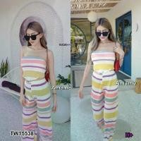 ราคา The Perfect Ladies Set ชิ้น เสื้อเกาะอกอัดพลีทลายริ้ว + กางเกงขายาวลายริ้ว สีเหลือง (1729550851964963266)