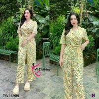 ราคา The Perfect Ladies ชุดจั๊มสูท จั้มสูทปกสูทขายาว ลายดอกไม้ +เข็มขัด สีเหลือง (1729737725862906306)