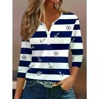 ราคา เสื้อยืดแฟชั่นลำลอง สำหรับผู้หญิง ทรงปกติ ลายทางทหารเรือและพิมพ์ลายสมอ แขนสามส่วน คอวี มีกระดุม เหมาะสำหรับวันหยุด [COD] mardi mercredi เสื้อ กราม เสื้อ นีออน (1731940595866699368)