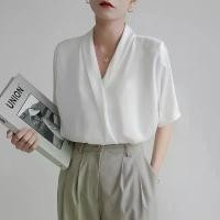 ราคา เสื้อเชิ้ต ผ้าซาติน สไตล์ฝรั่งเศส เรียบหรู คอวี สีขาว สำหรับผู้หญิง แขนสั้น เหมาะสำหรับฤดูร้อน ดีไซน์อเนกประสงค์ ทรงหลวม เสื้อเชิ้ต (1732000464676881434)