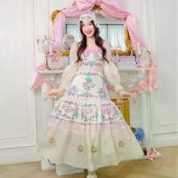 ราคา เผื่อ 1 ไซส์ (มี2XL) Maria Diamond สีชมพู Lor Rak Dress เดรสยาววินเทจผ้าไหมเกาหลีพิมพ์ลาย แขนยาวลูกไม้ฉลุ กระโปรงตัดต่อแต่งลูกไม้งานปักสไตล์วินเทจ มีซับใน/ยาว53 (1730477927871973599)
