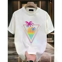 ราคา Men's 100% Cotton Loose-Fit Tropical Print T-Shirt – Short Sleeve, Round Neck, Summer Vacation Style, Sweat-Absorbent & Breathable, Geometric Palm Tree Design, White, Casual Wear (1731774880308888881)