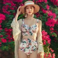 ราคา Women Summer Floral Print Split Swimsuit High Waist Strap Free Bikini Set 9942 # With frame and foam padding (1732111345848124618)