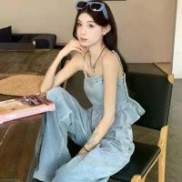 ราคา Sweet Cool Spicy Girl Blue Denim Set for Women with Ruffled Camisole Top and Straight Long Pants Summer Outfit Set (1732398008871454555)