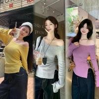 ราคา IT'S ME#เสื้อไหมพรมสีม่วงพาสเทล เสื้อสเวตเตอร์แขนยาวปาดไหล่ เสื้อไหมพรมแขนยาวสไตล์เกาหลี half off shoulder sweater #A192 (1731163988056312588)