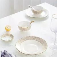 ราคา จานชามเซรามิค เนื้อโบนไชน่า จานชาม จาน ชาม ถ้วย ช้อน ถ้วยน้ำจิ้ม เซรามิคแต่งขอบลายตาข่ายทอง สไตล์ยุโรป ชาม (1731216395567269801)