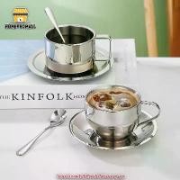 ราคา ถ้วยกาแฟ สแตนเลส 180 มล. ถ้วย+จานรอง+ช้อน ชุดถ้วยชากาแฟ 3ชิ้น สินค้าดี (1732151920680338844)