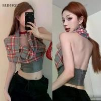 ราคา เสื้อกั๊กแฟชั่นสตรี คล้องคอ แขนกุด ผ้าม่าน ด้านหน้า ลายสก็อต ครอป สะดือ ท็อป ฤดูร้อน ปิดไหล่ เสื้อเปลือยหลัง (1730917028056959624)