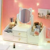 ราคา กระจกแต่งหน้าเดสก์ท็อป, กระดานดำไม้สีขาว, พร้อม 2 ลิ้นชัก, กล่องเก็บของ DIY, กระจกโต๊ะเครื่องแป้ง, กระจกเครื่องสำอางโต๊ะเครื่องแป้งในห้องนอน, กระจกเจ้าหญิงสาวน่ารักสร้างสรรค์ (1731721777131390723)
