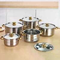 ราคา ชุดเครื่องครัวสแตนเลส 5 ชิ้น พร้อมหูหิ้วทอง เหมาะสำหรับเตาแม่เหล็กไฟฟ้า พื้นผิวสแตนเลสทนทาน มีให้เลือก 5 ขนาด รวมหม้อในครัว หม้อ สอง หู หม้อ แขก (1732005005595674117)