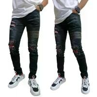 ราคา COD กางเกงยีนส์ขายาวผ้ายืด ดำ แต่งคาดหนังดำ3แถบ ป่ะเข่าเทีๆ+เชือกTikTok (1731729105991993210)