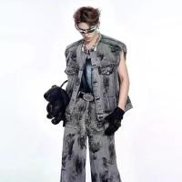 ราคา แผ่นรองไหล่, เพ้นท์มือ, แจ็คเก็ต Niche, ชุดเสื้อกั๊กยีนส์ซัก, การออกแบบวินเทจ, กางเกงขายาวสองชิ้น (1731581519553988496)