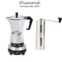 ราคา ❤ Diamond Coffee ชุดหม้อต้มกาแฟ 3/ 6 ถ้วย-พร้อมเตาไฟฟ้า ชุดออกร้าน ชุดเริ่มต้น 500W ที่บดกาแฟ Mocha Moka Pot (1732243317292500368)