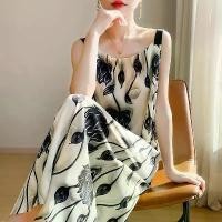 ราคา Satin Strap Dress for Women 2025 Summer New Lazy Style Versatile Printed Beach Vacation Travel Tank Dress (1732439722562848297)