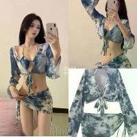 ราคา ชุดว่ายน้ำ 4 ชิ้น bikini+เสื้อคลุม+ผ้าคลุม ลายมัดย้อมสีคราม ขายดี women clothing ผู้หญิง (1731541553788586352)